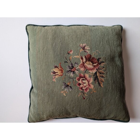 Vintage Needlepoint Floral Throw Pillow 16x16 Inches Green Velvet Back Zipper Cl - Picture 5 of 7